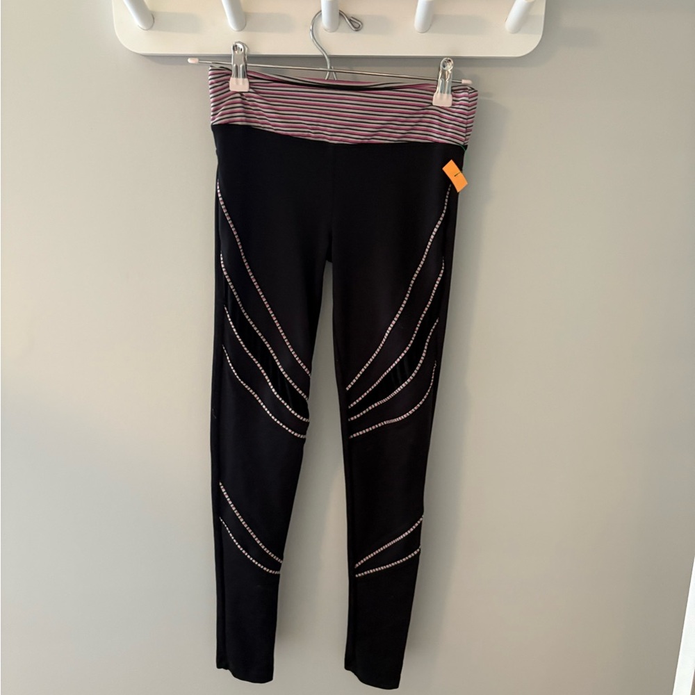 Bebe Sport Black Leggings with Pink Striped Waistband